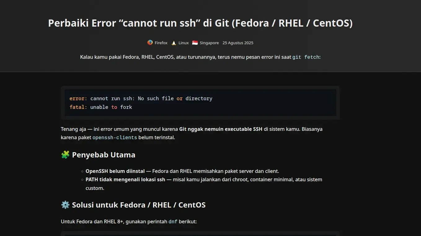 Perbaiki Error “cannot run ssh” di Git - Fedora, RHEL, CentOS