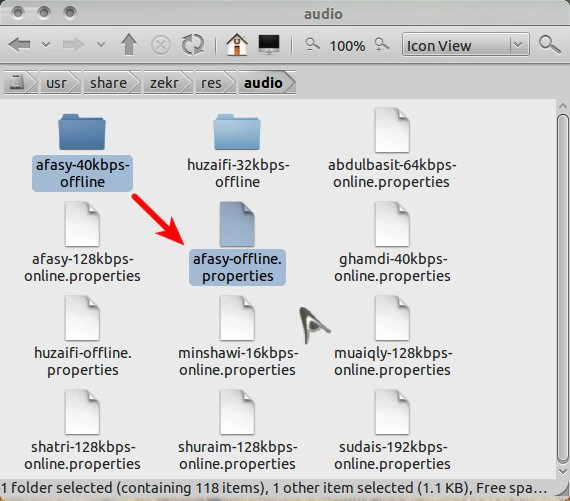 Tangkapan layar direktori /usr/share/zekr/res/audio/ yang berisi file properties dan map audio