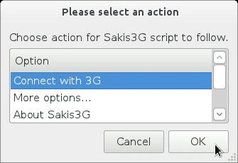 Menu pilihan aksi pada Sakis3G untuk memulai koneksi modem 3G