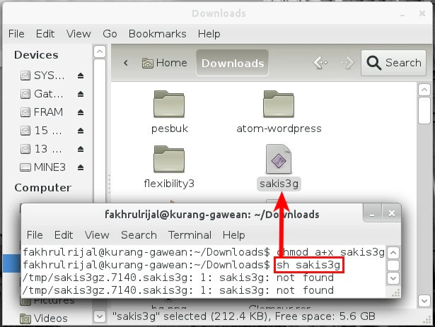 Menjalankan Sakis3G dengan perintah sh sakis3g di terminal Ubuntu