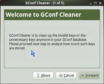 Tampilan awal GConf-Cleaner di GNOME yang memeriksa konfigurasi usang