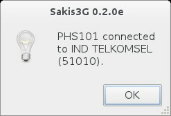 Pesan Sakis3G yang menunjukkan modem 3G berhasil tersambung