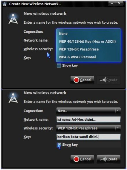 Dialog box konfigurasi jaringan Ad-Hoc menampilkan input nama SSID dan kata sandi keamanan