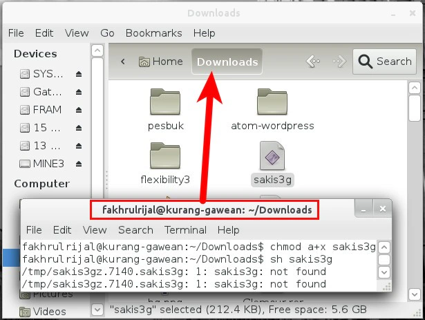 Terminal Ubuntu berada di direktori hasil ekstrak Sakis3G