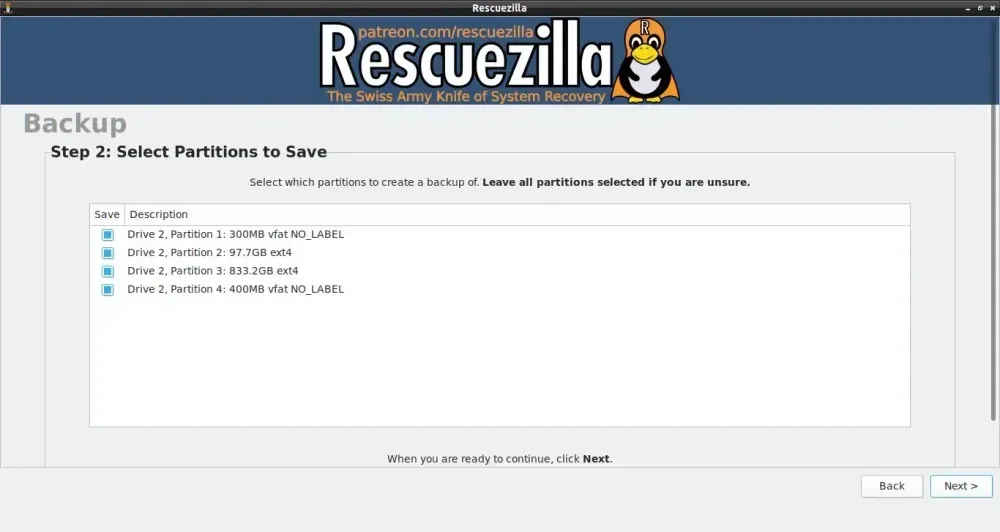 Pilih partisi untuk backup