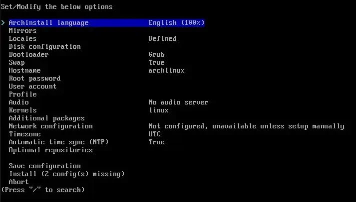 Menu archinstall