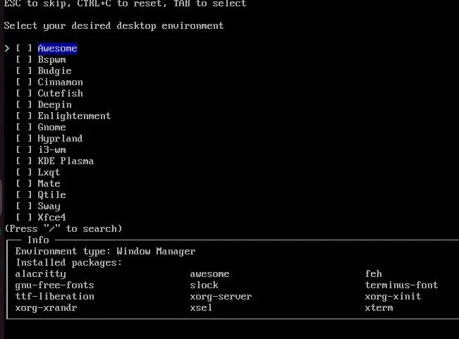 Pilihan Desktop Environment di archinstall
