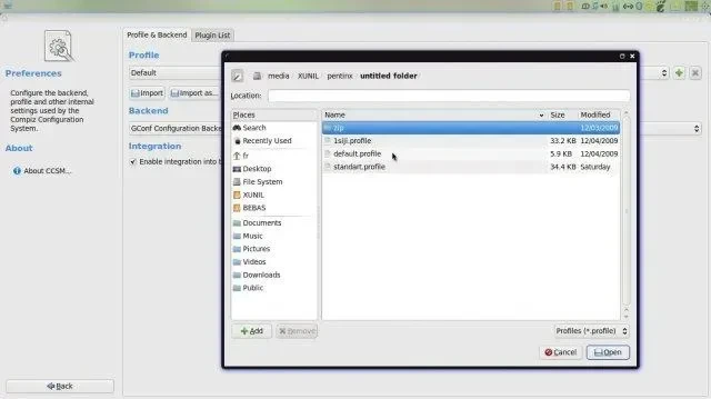 Memilih file .profile Compiz