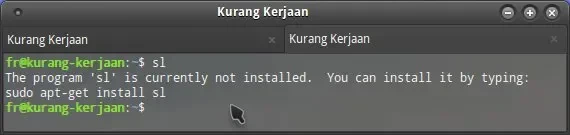 Pesan error di terminal yang menyatakan program sl belum terinstal
