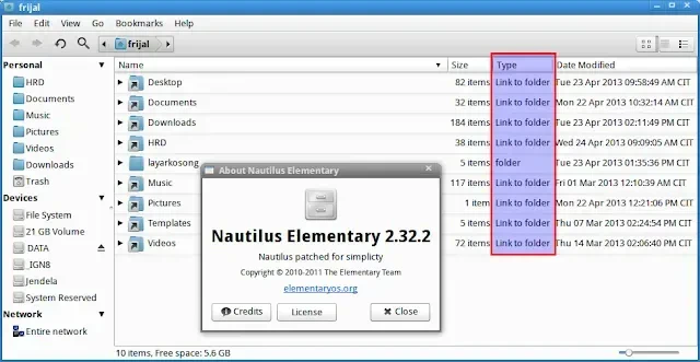 Tampilan /home dengan symbolic link