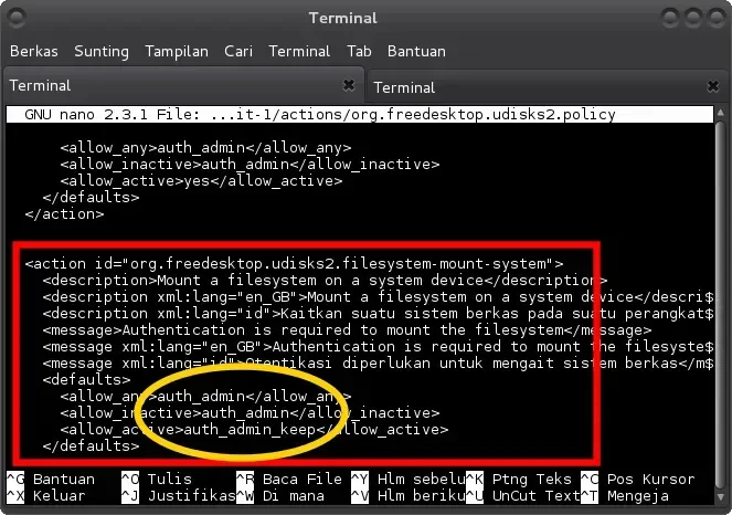 Edit policy di terminal