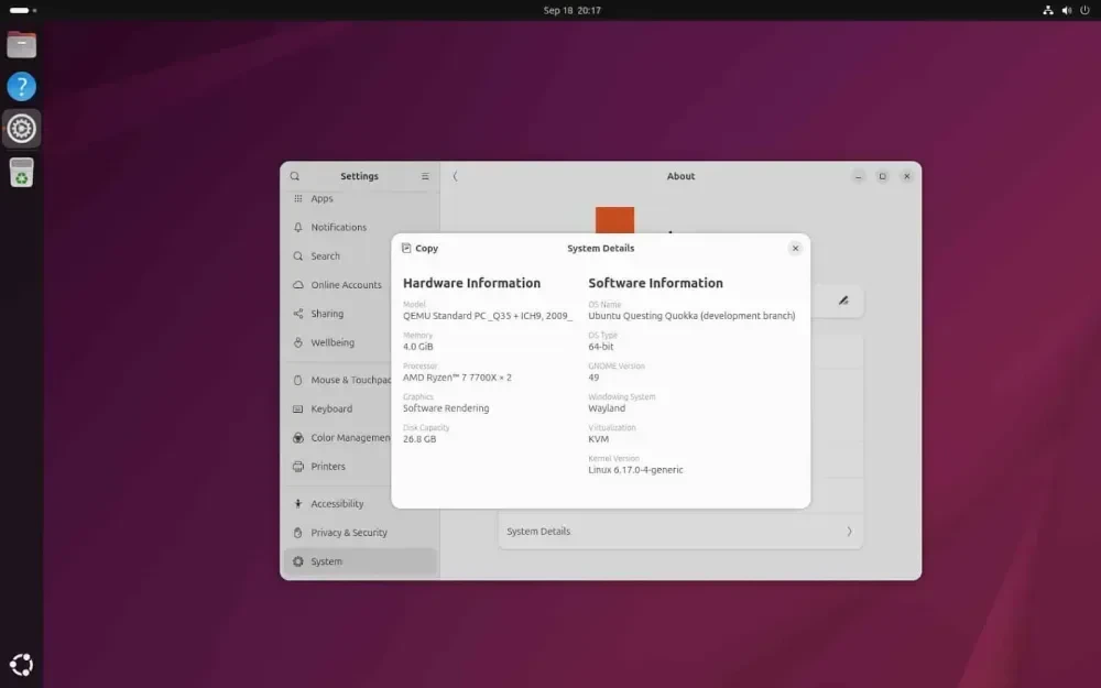 Tampilan desktop Ubuntu 25.10