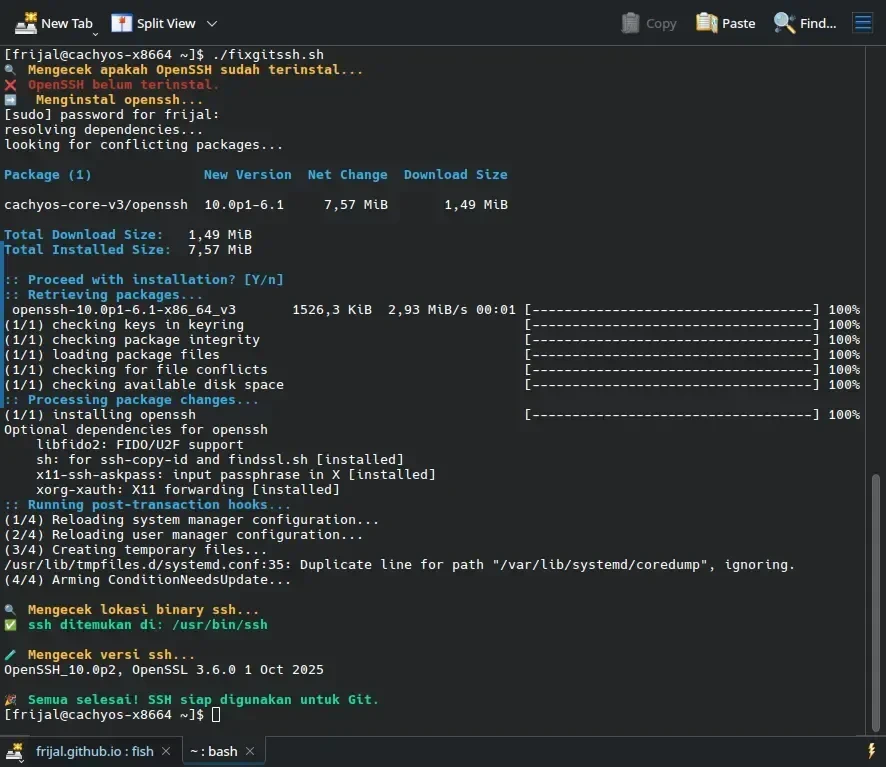 Hasil perbaikan ssh di Arch Linux