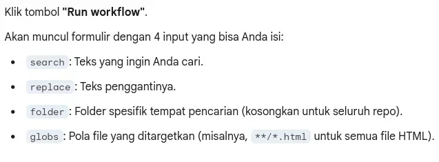 Tangkapan layar dari antarmuka dialog Run workflow untuk alat pencarian dan penggantian teks di GitHub Actions