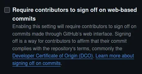 Pengaturan Require contributors to sign off on web-based commits