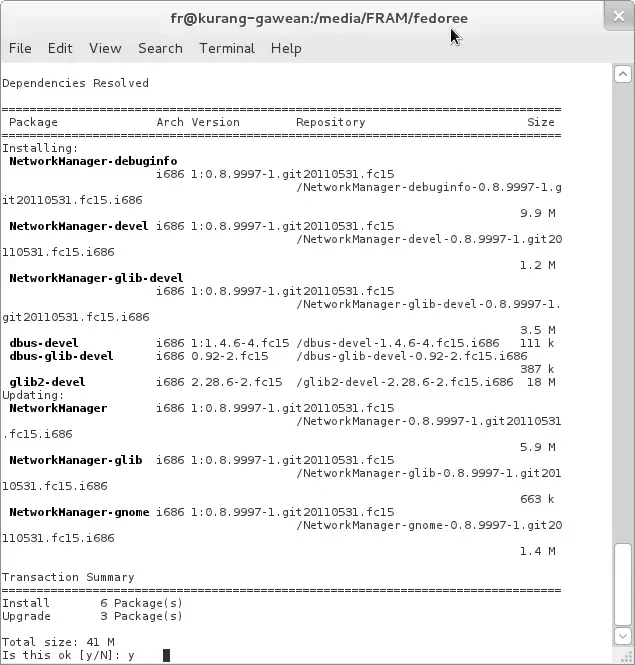 Tangkapan layar proses eksekusi yum localinstall di terminal Fedora