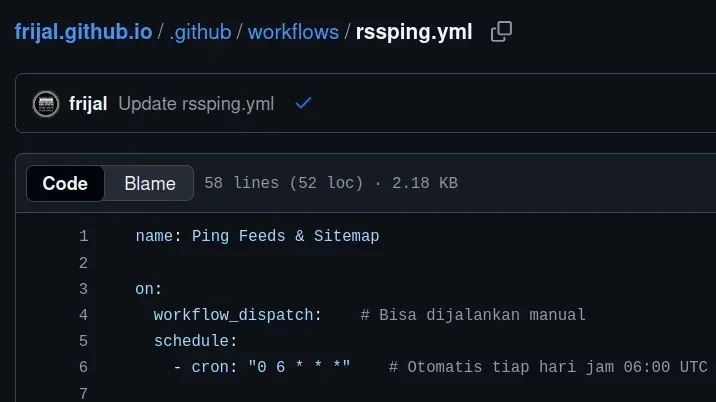 Log sukses workflow GitHub Actions untuk ping sitemap dan feed website