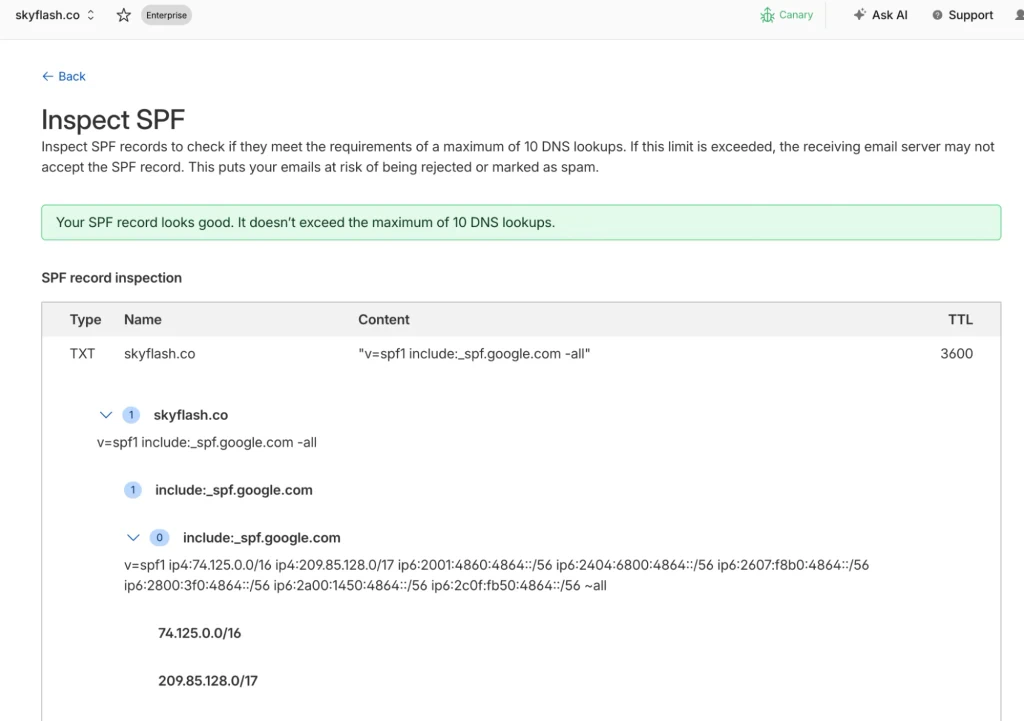 Kartu analisis catatan menunjukkan status lulus, peringatan, atau gagal untuk setiap catatan autentikasi email