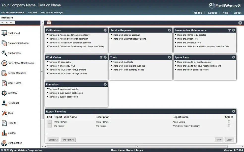 Screenshot dashboard CMMS software