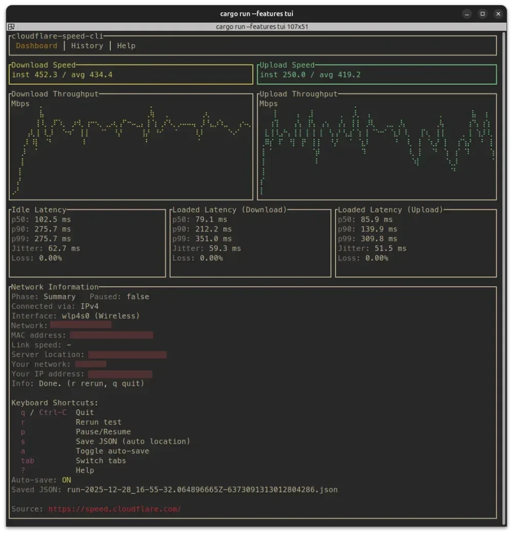 Screenshot dashboard cloudflare-speed-cli di terminal 🚀