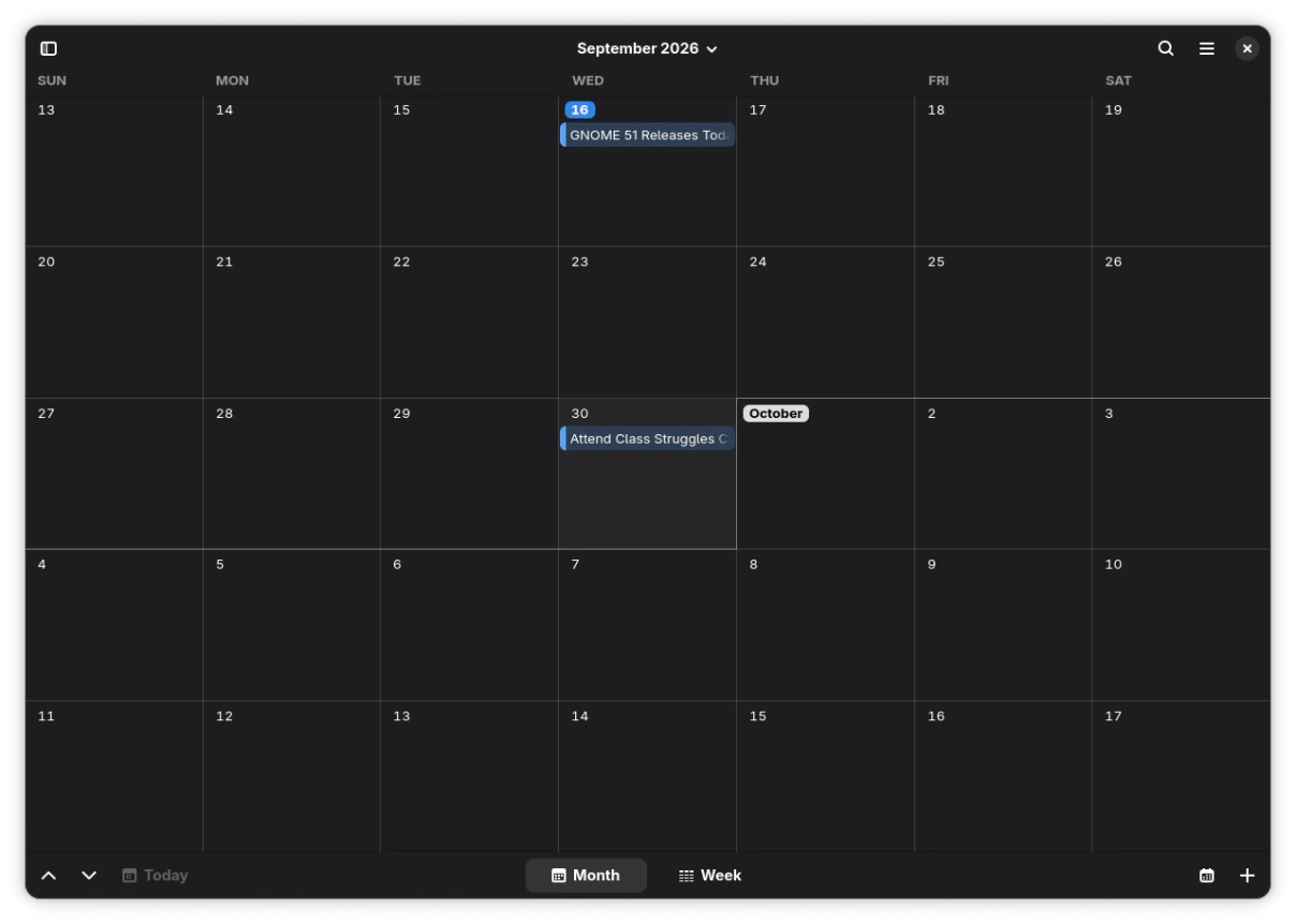 Aplikasi Calendar GNOME 51 dengan tampilan agenda mingguan