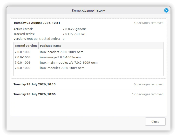 Konfirmasi penghapusan kernel di System Administration Linux Mint