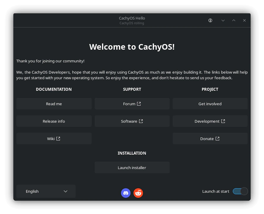 Aplikasi Welcome CachyOS dengan tombol akses cepat ke sumber daya penting