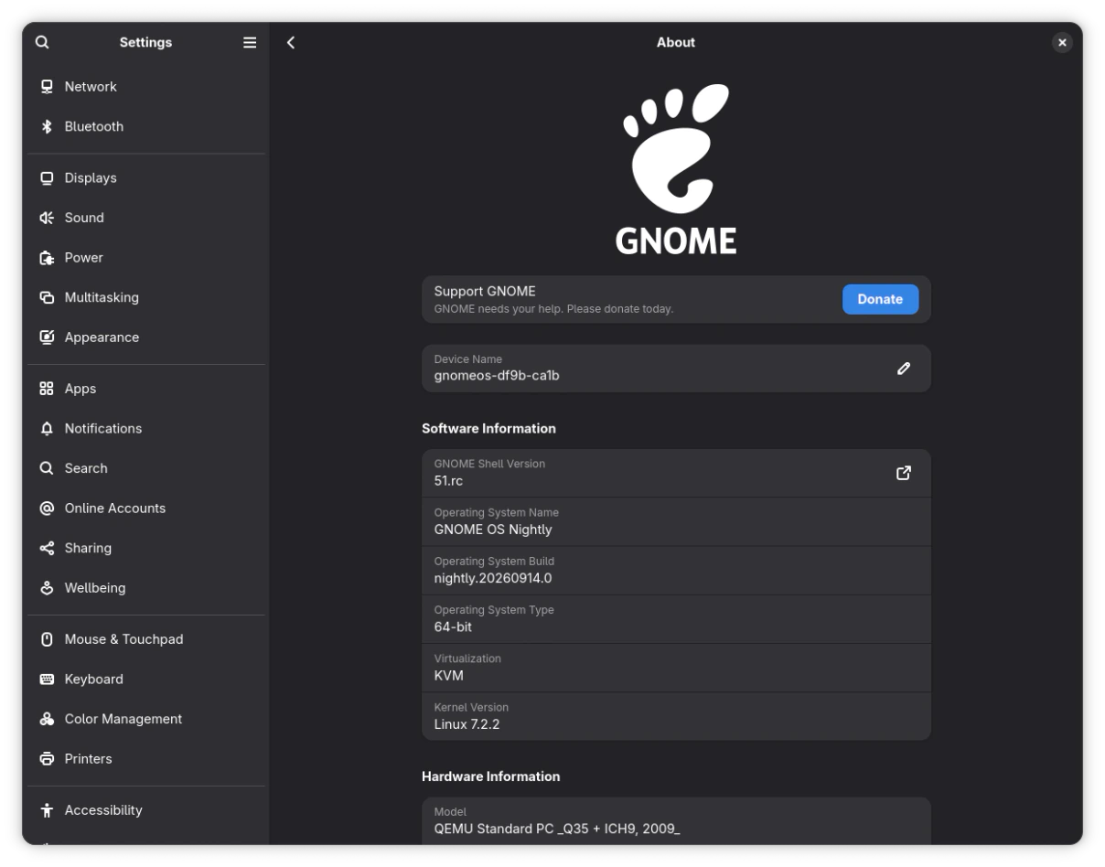 Halaman pengaturan jaringan di aplikasi Settings GNOME 51