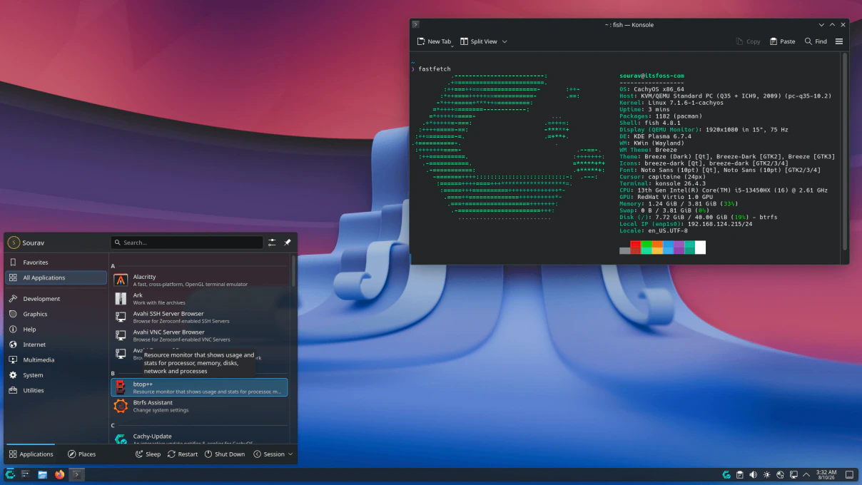 Output fastfetch dan jendela peluncur aplikasi CachyOS 2608