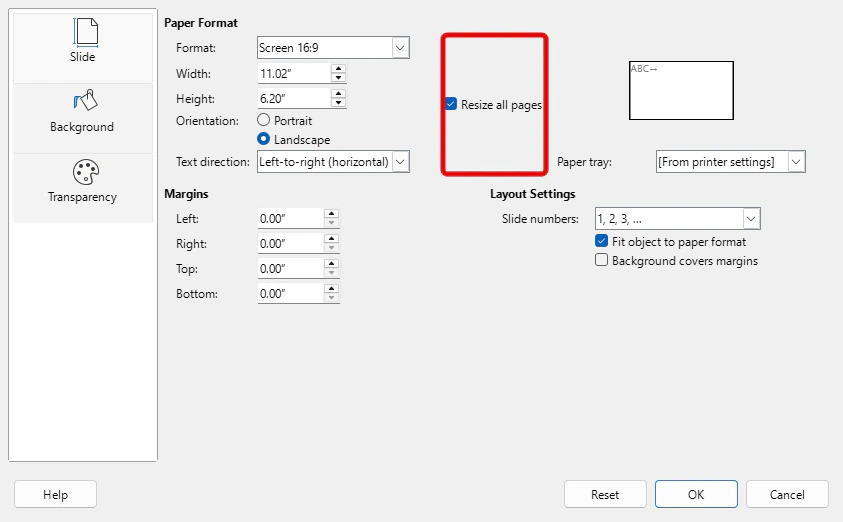 Pengaturan ukuran halaman di Impress LibreOffice 26.8