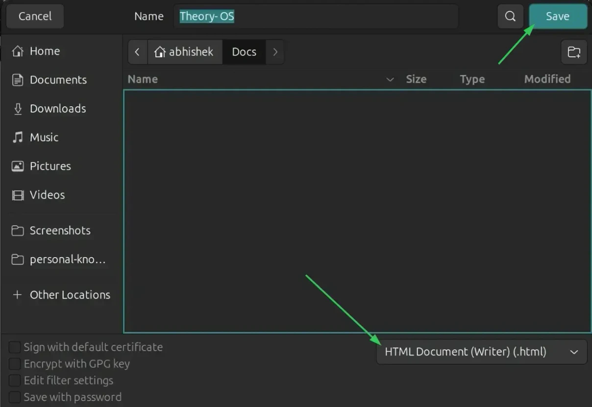 Tombol Save setelah memilih format HTML di LibreOffice