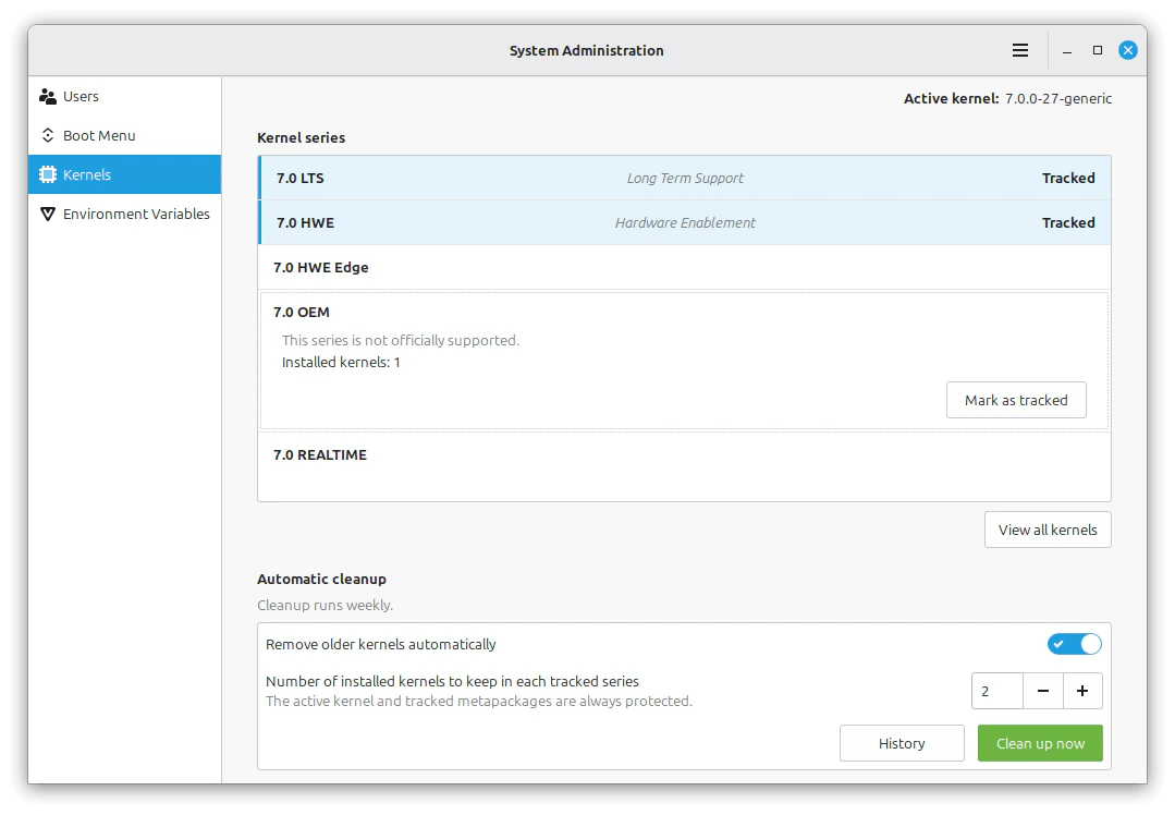 Tampilan halaman pengelolaan kernel baru di Linux Mint