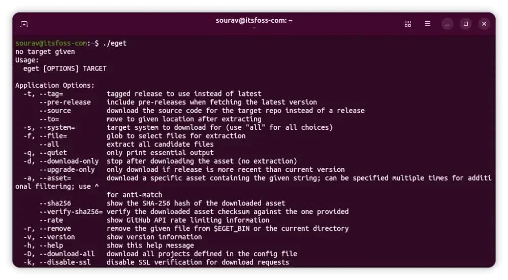 Screenshot Eget di terminal