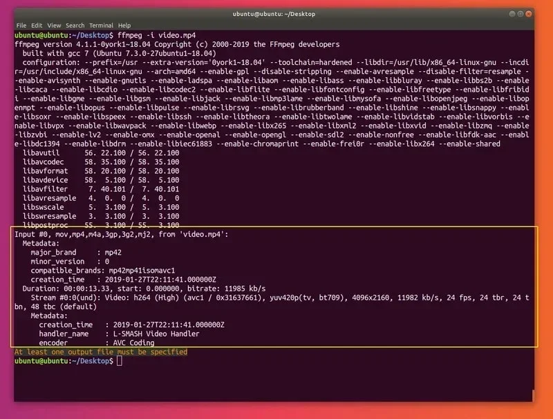 Contoh output info file FFmpeg di terminal