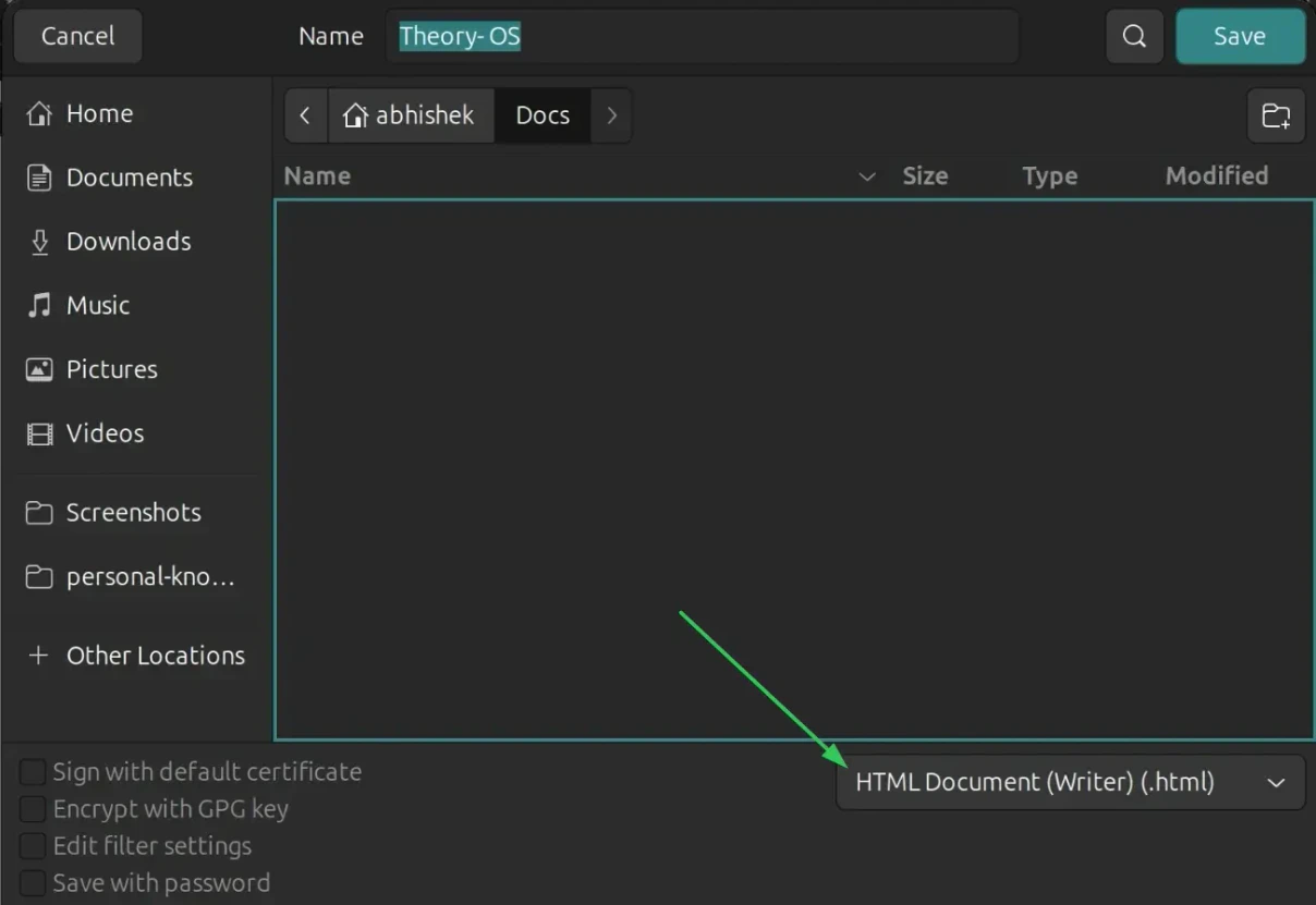 Mengubah tipe file menjadi HTML saat menyimpan dokumen di LibreOffice