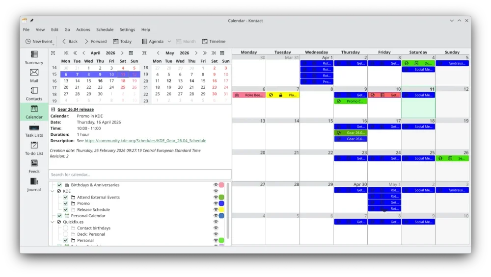KOrganizer dengan tampilan bulan April yang diperbarui