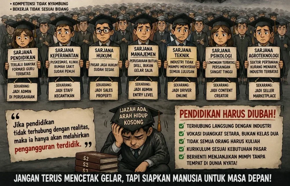 Ilustrasi jurang antara lulusan dengan toga dan tuntutan dunia kerja, menunjukkan ketidaksesuaian kompetensi