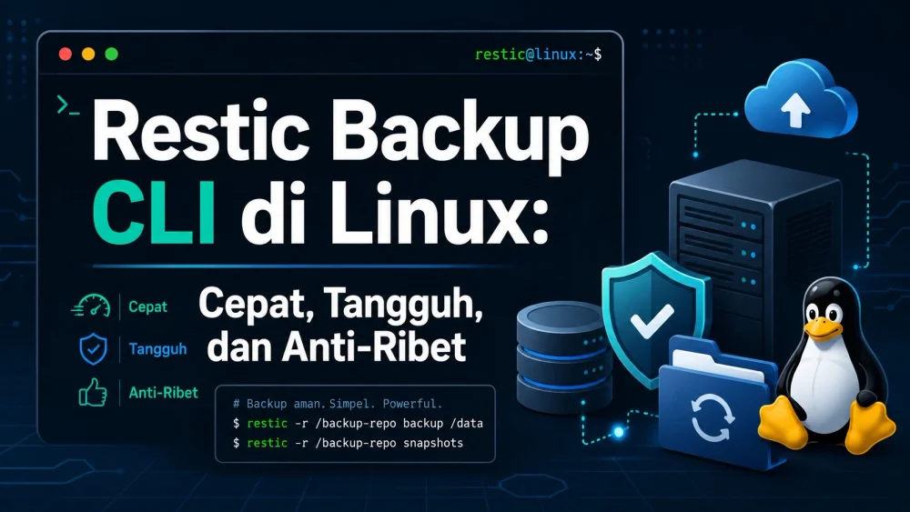 Ilustrasi server linux dan proses pencadangan menggunakan Restic CLI