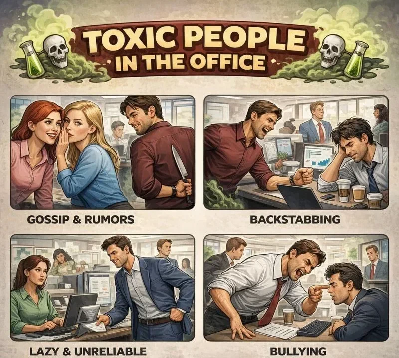 Ilustrasi stres di kantor dengan bos yang mendominasi dan karyawan tertekan