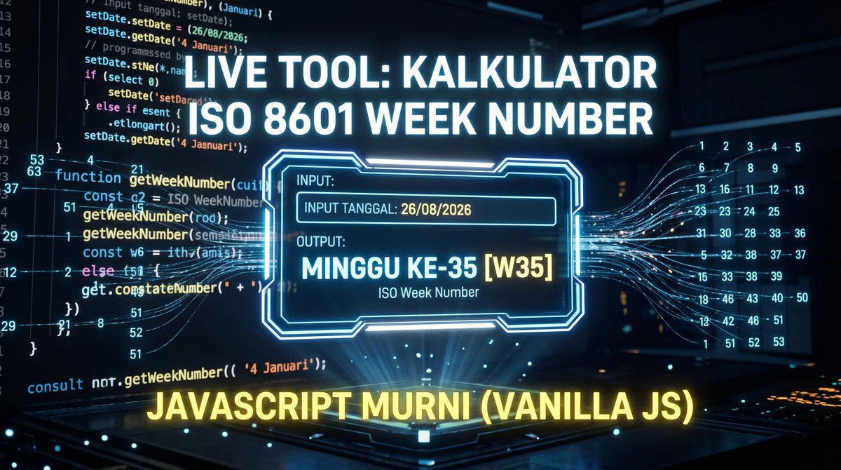 Ilustrasi kalender digital dan kode JavaScript menyala di layar monitor