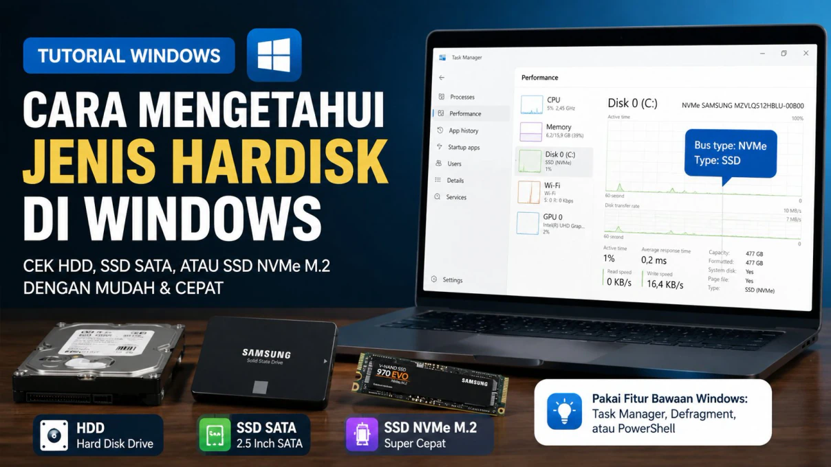 Ilustrasi pemeriksaan jenis hard disk dan SSD pada komputer Windows