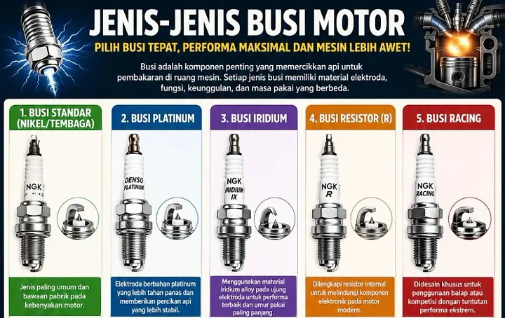 Tips Memilih Busi Motor 2026 β’ Jenis, Fungsi, Resistor, Iridium, Platinum