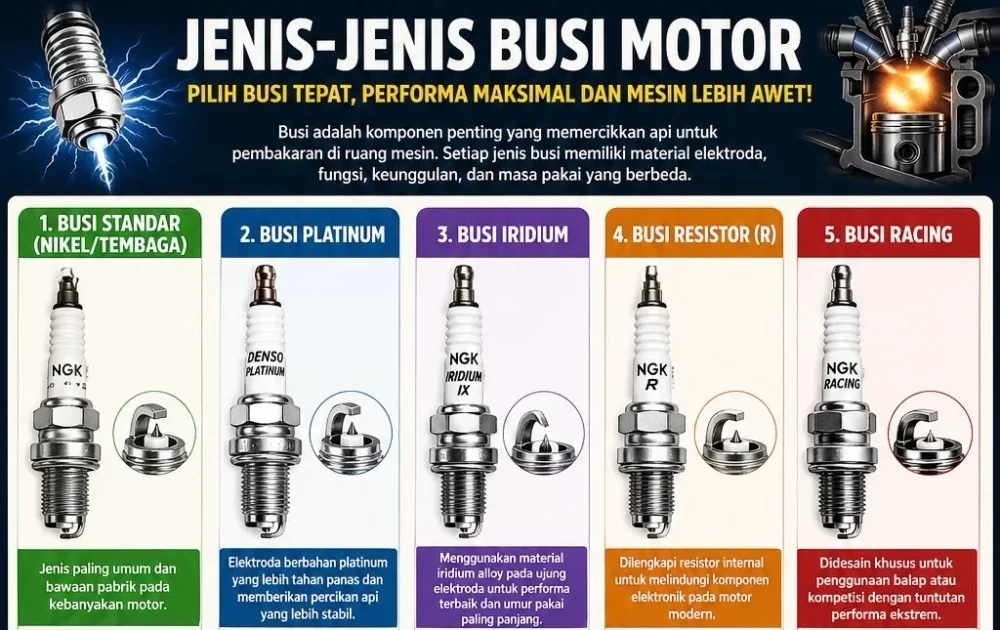 Ilustrasi berbagai jenis busi motor nikel, iridium, platinum