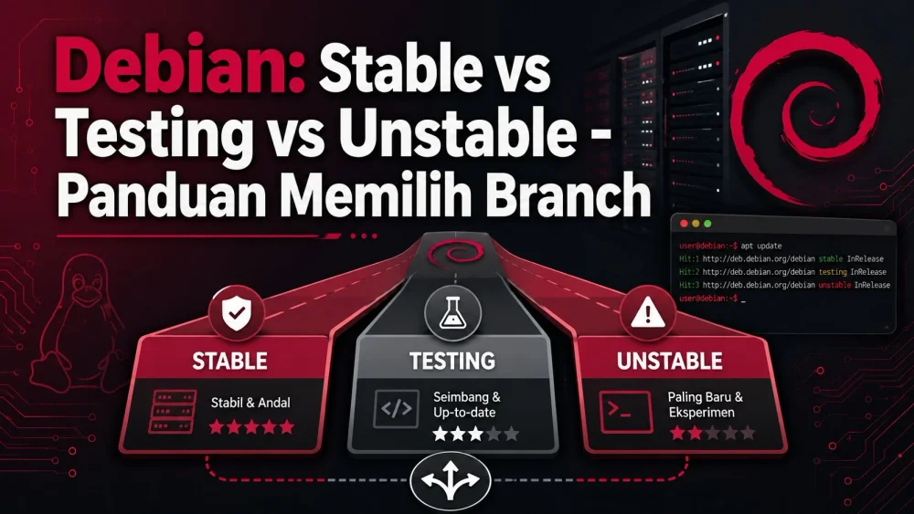 Ilustrasi tiga branch utama Debian — Stable, Testing, dan Unstable (Sid) — digambarkan sebagai tiga jalur berbeda dengan tingkat kestabilan yang bervariasi
