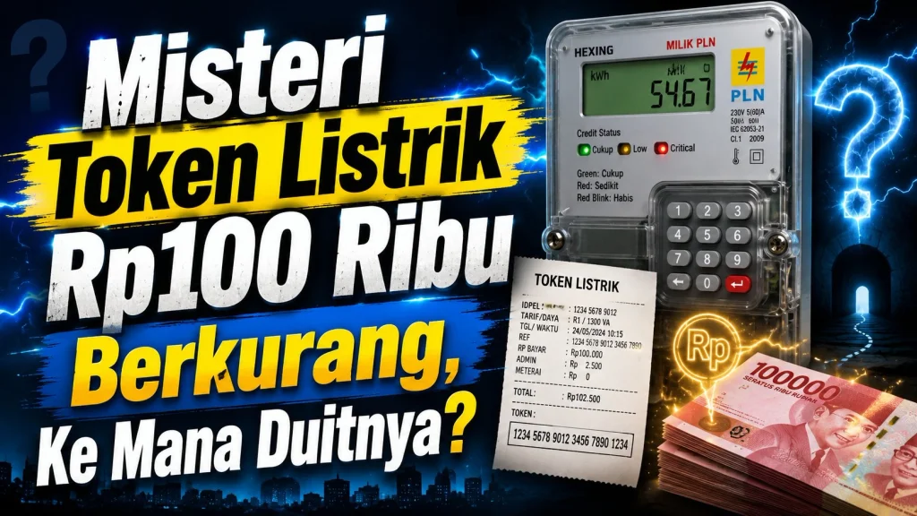 Ilustrasi meteran token listrik PLN dan rincian struk pembelian