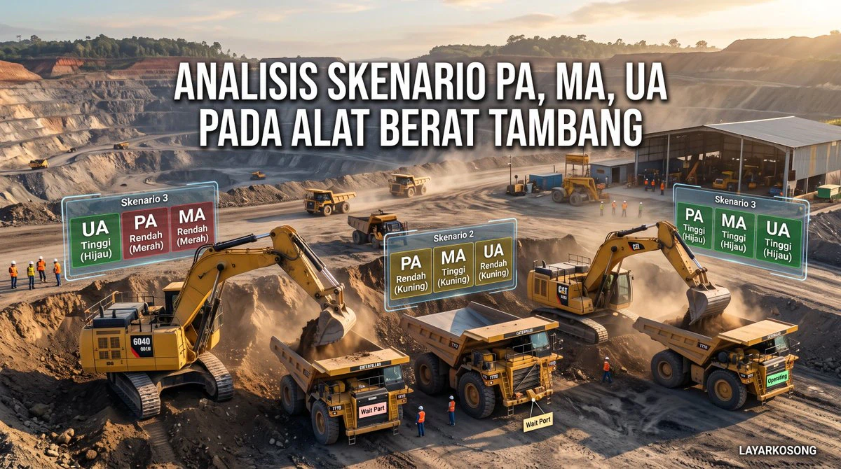 Ilustrasi deretan alat berat di area pertambangan yang sedang standby