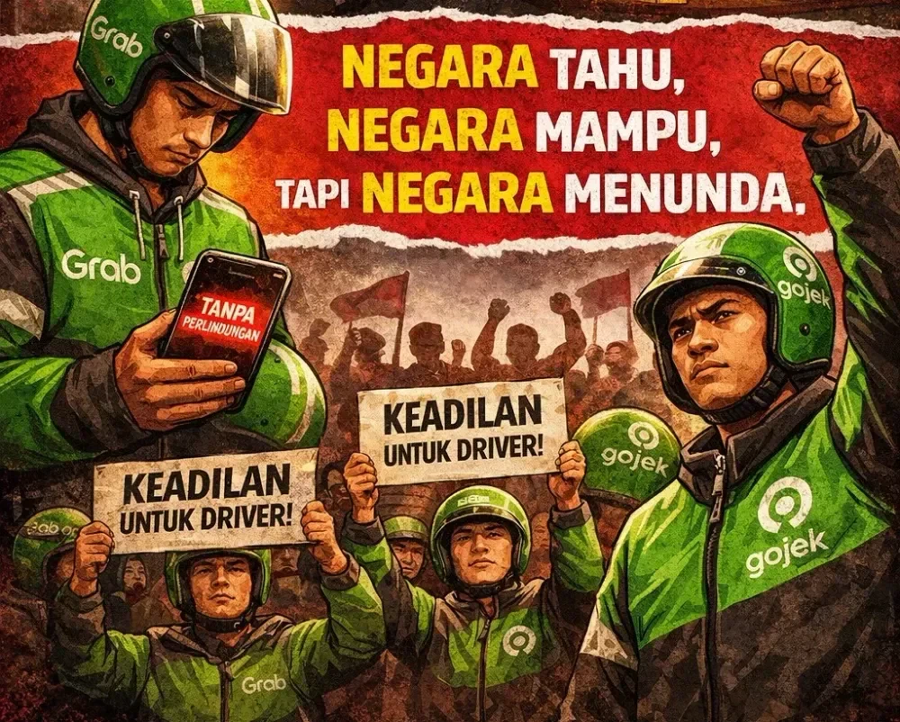 Spanduk tuntutan pengemudi ojek online agar hak dan perlindungan hukum diperhatikan