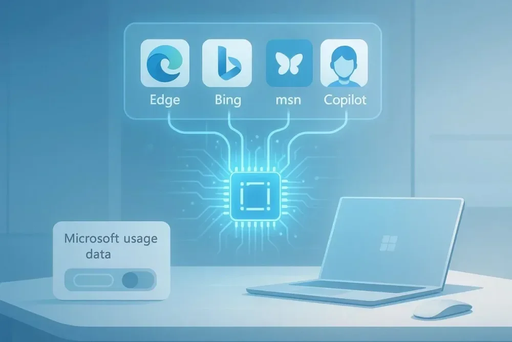 Laptop connected to Edge Bing MSN icons via microchip