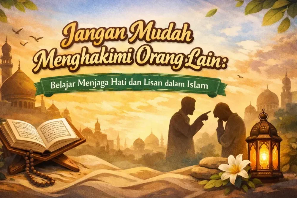 Ilustrasi dua orang sedang berbincang dengan latar masjid, melambangkan pentingnya menjaga lisan dan hati