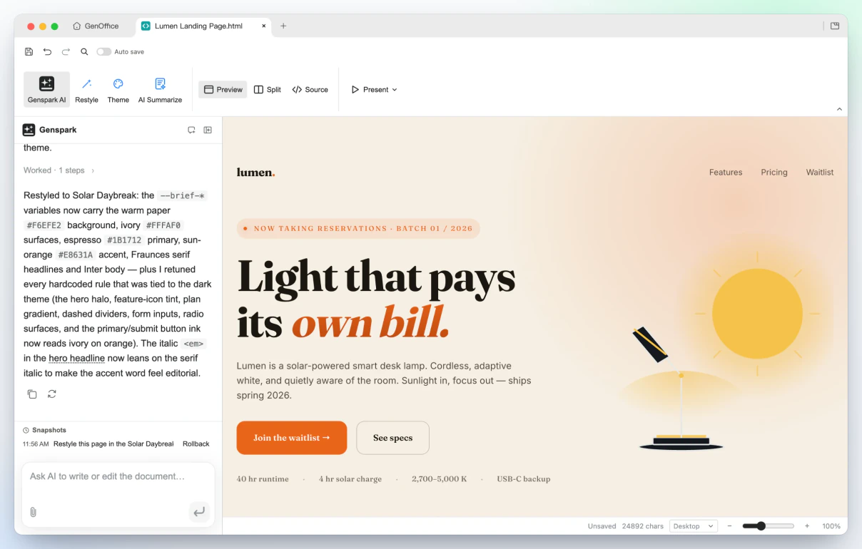 Halaman landing Lumen yang direstyling AI ke arah Solar Daybreak: latar kertas, headline serif, aksen oranye
